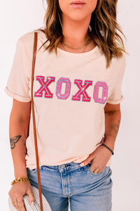 Pink XOXO Letter Printed Roll Up Sleeve Graphic Tee