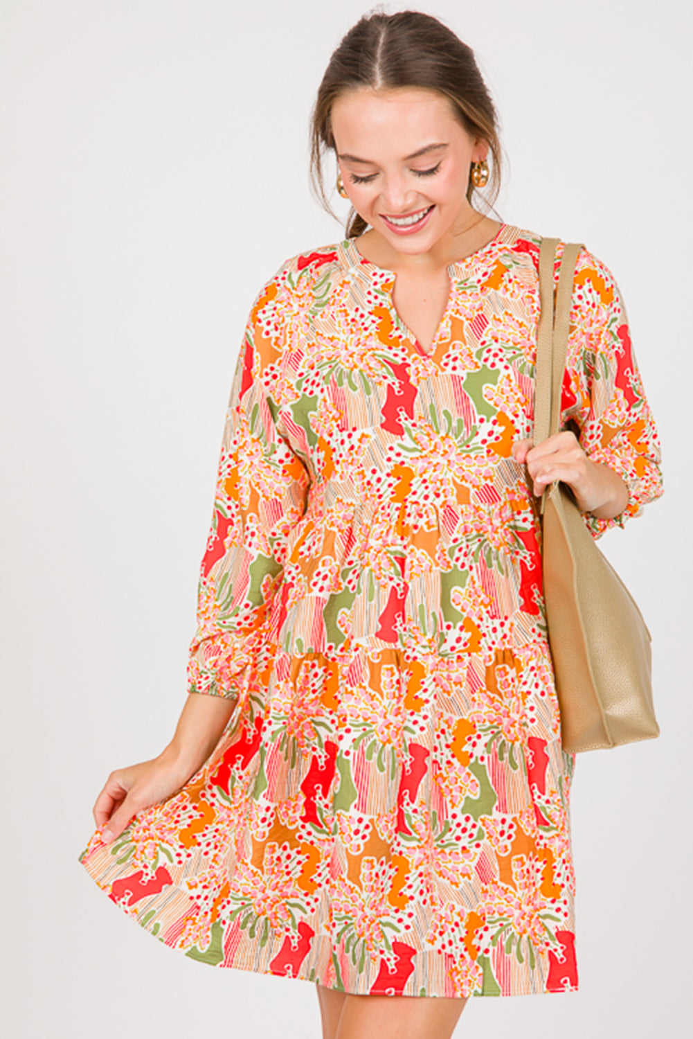 Multicolor Abstract Split Neck Puff Sleeve Boho Dress