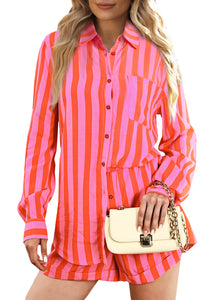 Orange Striped Colorblock Collared Long Sleeve Shirt & Shorts Set