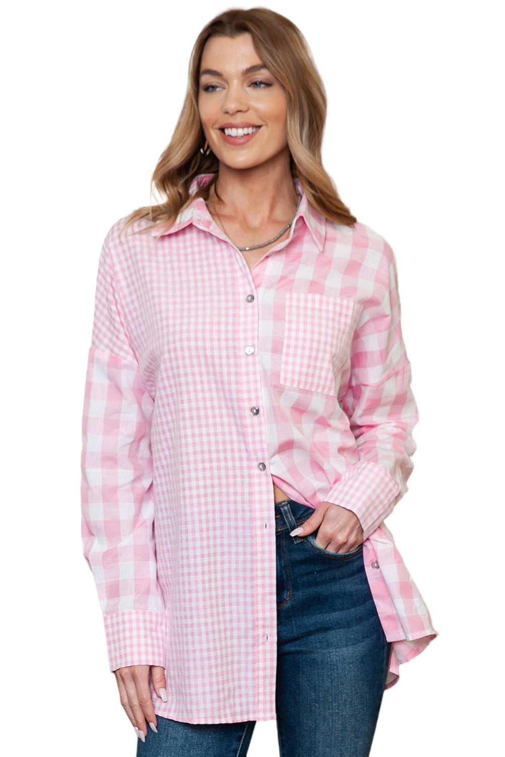 Pink Mix Checked Pocket Patchwork Long Sleeve Shacket