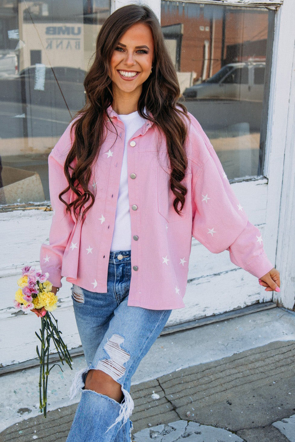 Pink Star Print Pocketed Batwing Sleeve Denim Jacket