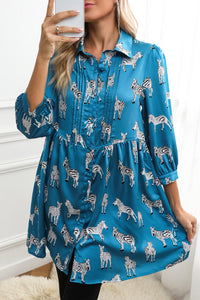 Blue Zebra Print Ruched Babydoll Dress