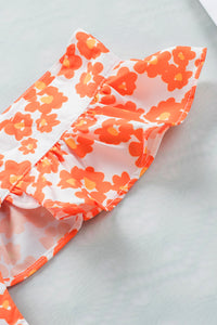 Orange Floral Print Square Neck Sleeveless Boho Top