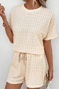 Beige Frill Textured Tee and Drawstring Shorts Set