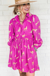 Rose Cheetah Print Side Pockets Drawstring Mini Shirt Dress
