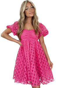 Strawberry Pink Checkered Puff Sleeve Babydoll Dress