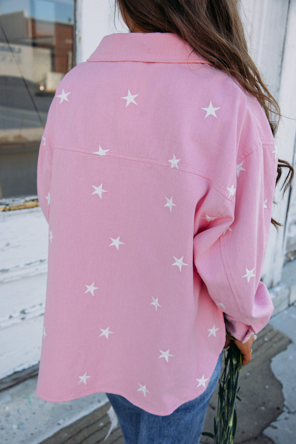 Pink Star Print Pocketed Batwing Sleeve Denim Jacket