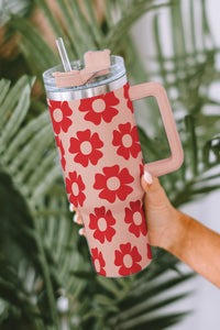 Red Floral Print 304 Stainless Handled Tumbler Cup with Straw