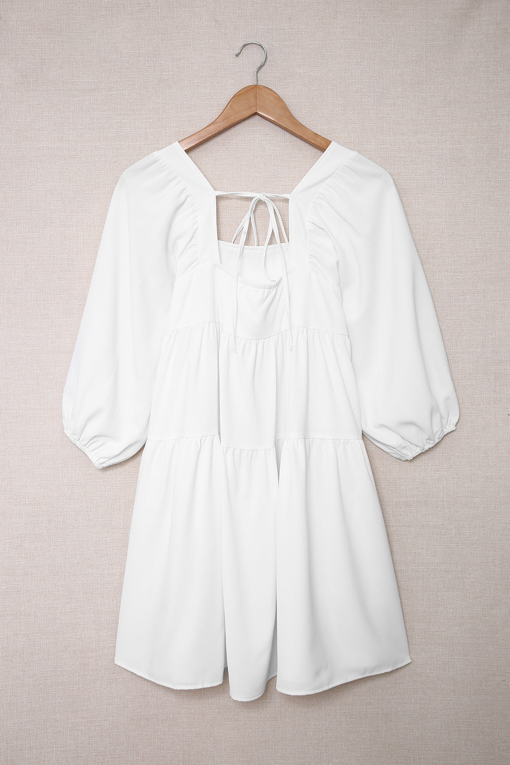 White Square Neck Ruched Casual Short Dress