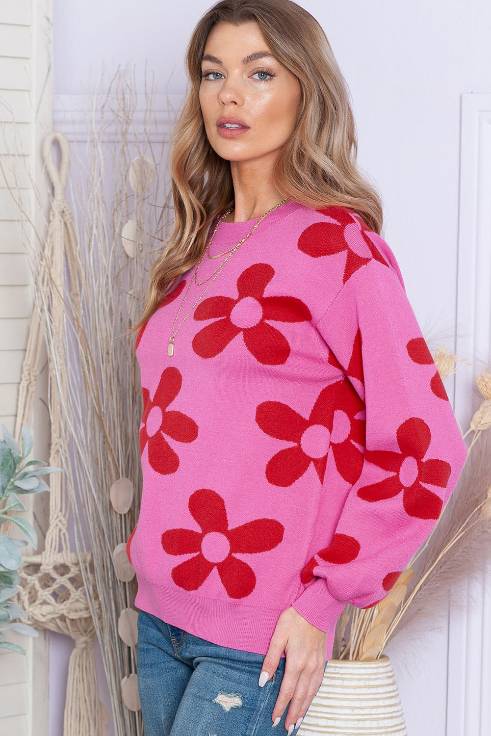 Cypress Floral Print Knitted Long Sleeve Pullover Sweater