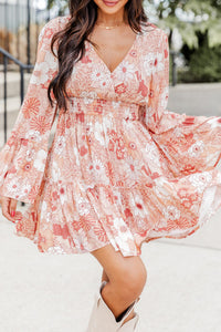 Apricot Powder Floral Smocked High Waist Bell Sleeve Mini Dress