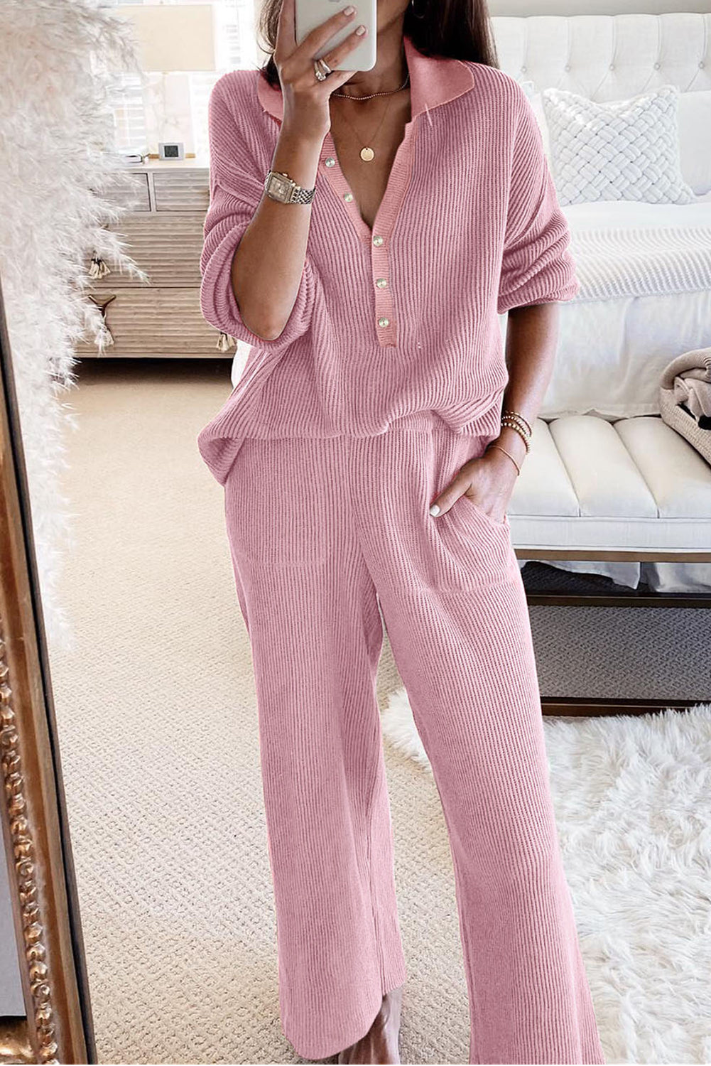 Pink Ribbed Henley Shirt and Wide Leg Pants Loungewear Set