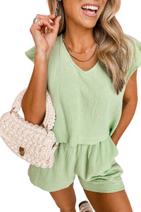 Green Crinkled Texture V Neck Ruffled Sleeve Tops & Shorts Set