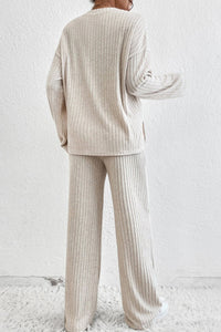 Beige Solid Color Ribbed Henley Top and Pants Set