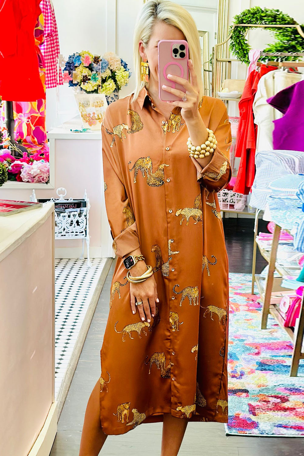 Yellow Animal Print Button-Up Split Maxi Shirt Dress