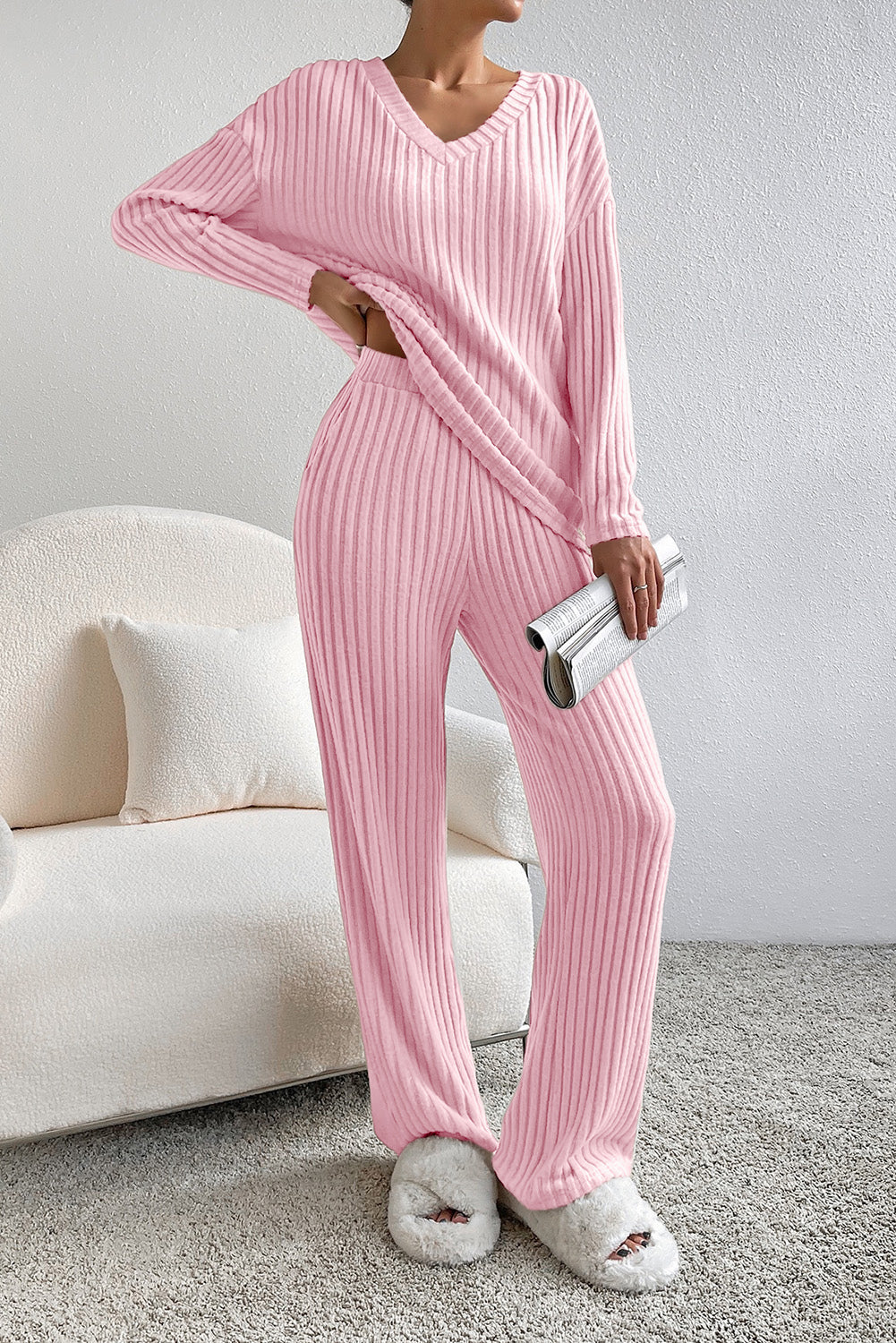 Light Pink Slouchy Ribbed Knit V Neck Top & Pants Loungewear Set