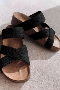 Beige Woven Criss Cross Strap Platform Slip-on Sandals
