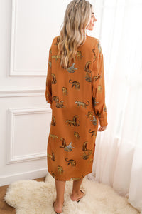 Yellow Animal Print Button-Up Split Maxi Shirt Dress