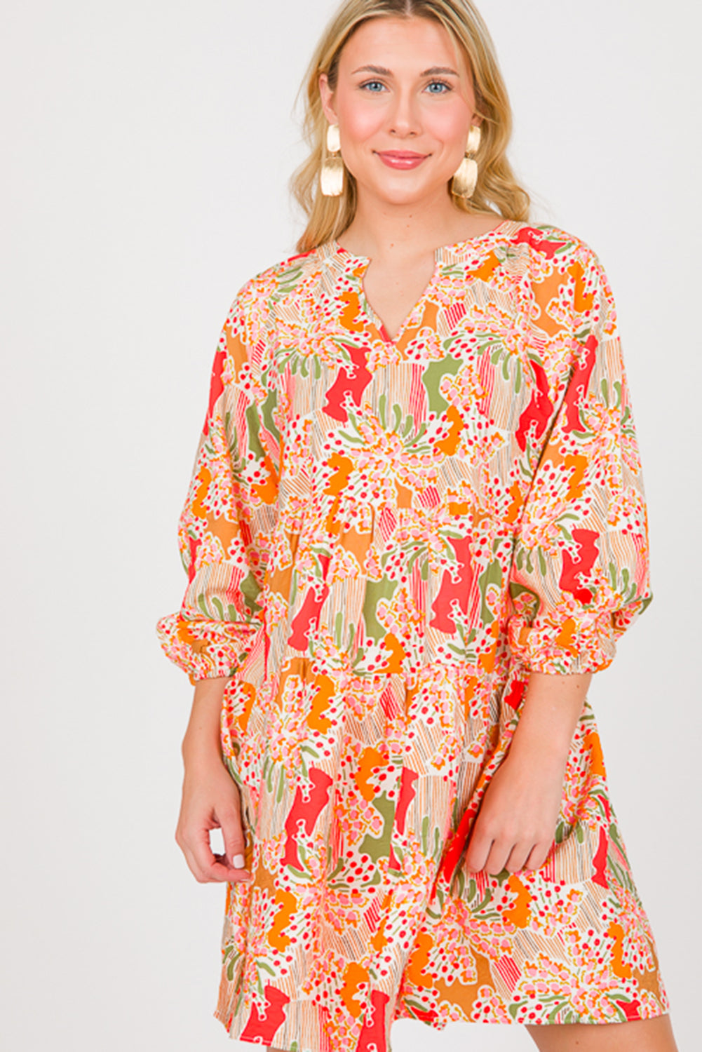 Multicolor Abstract Split Neck Puff Sleeve Boho Dress