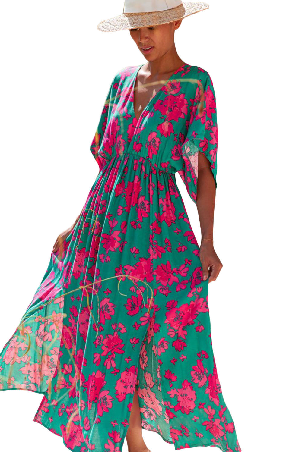 Sea Green Floral Printe Half Sleeve Split Flared Maxi Dress