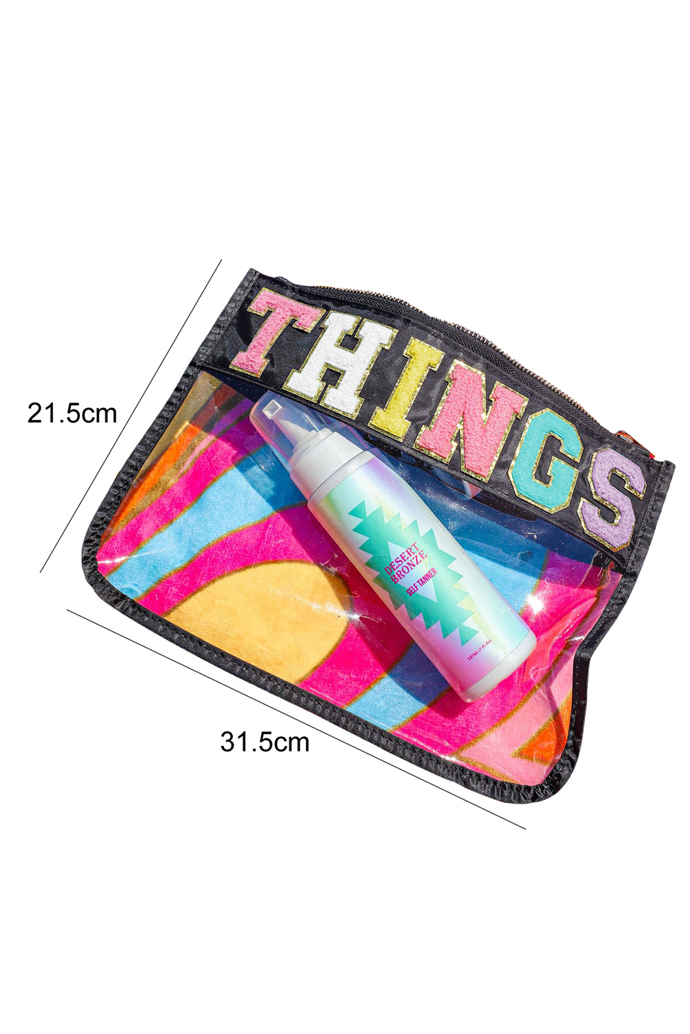 Black THINGS Letter Applique Zipped Clear Cosmetic Bag