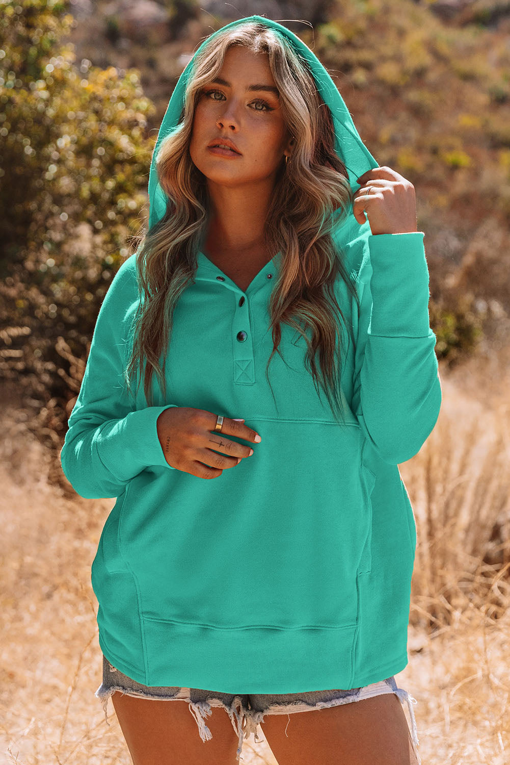 Orange Snap Button Long Sleeve Oversized Hoodie