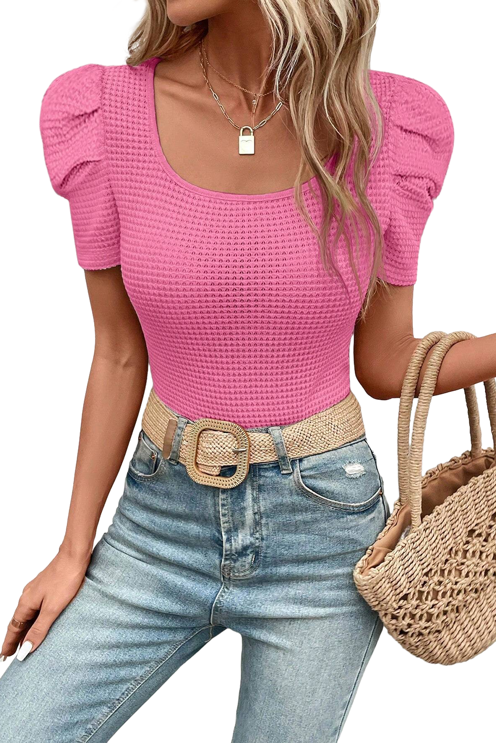 Bright Pink Scoop Neck Waffle Knit Puff Sleeve Top