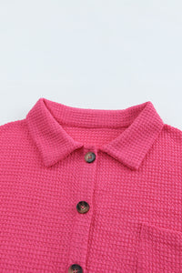 Hot Pink Pocket Buttons Front Waffle Knit Shacket