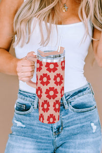 Red Floral Print 304 Stainless Handled Tumbler Cup with Straw