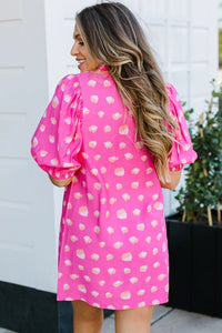 Bright Pink Spotted Print Puff Sleeve Smocked Mini Dress