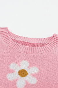 Apricot Floral Pattern Drop Shoulder Pullover Knit Sweater