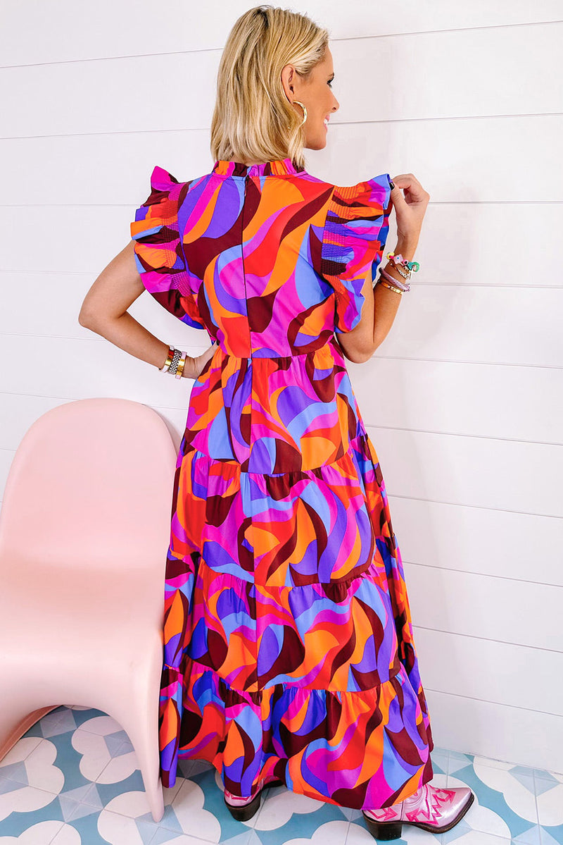 Orange Abstract Print High Waist Ruffle Tiered Maxi Dress – PINKCOLADA