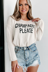 White Champagne Please Letter Pattern Knitted Sweater