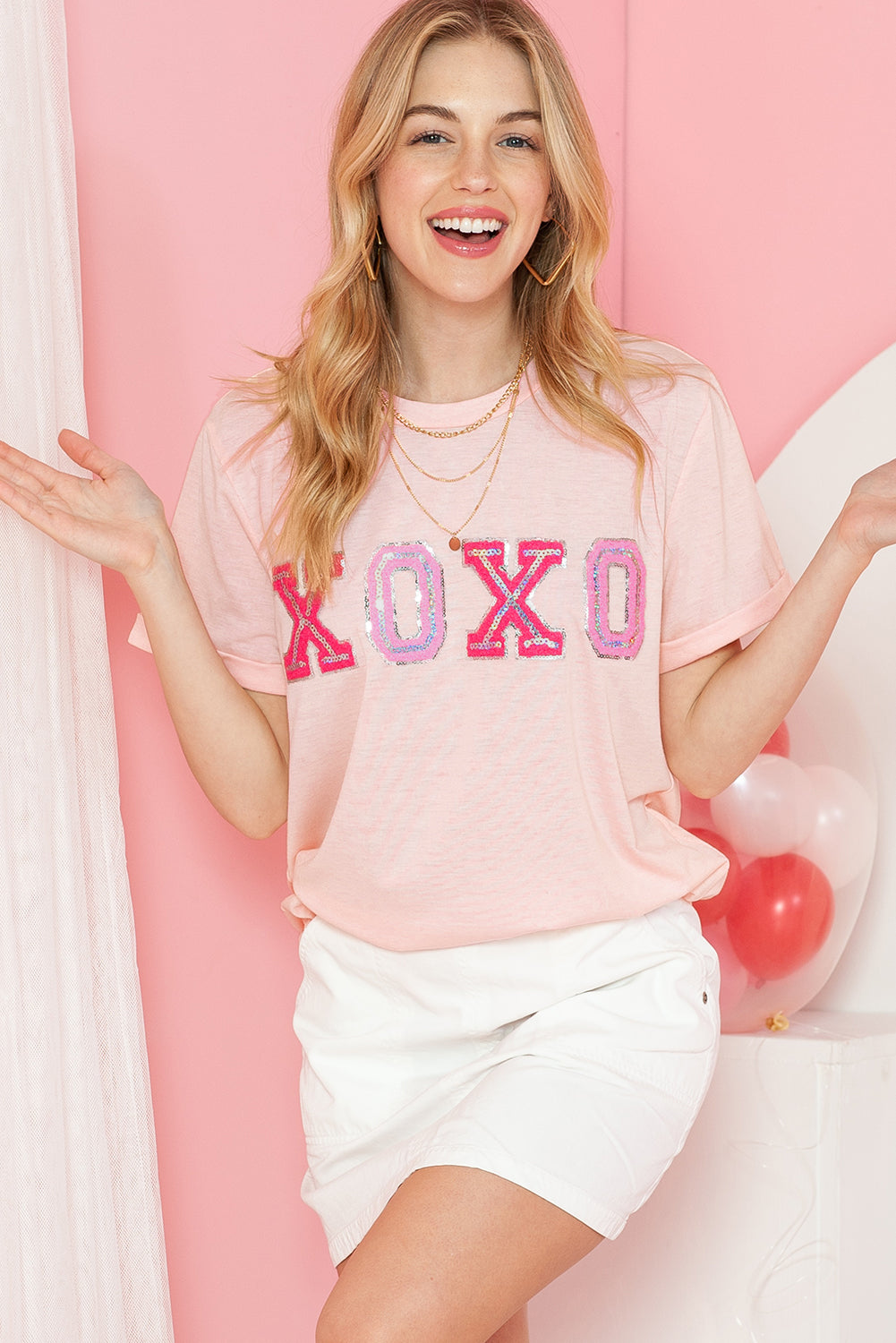 Pink XOXO Letter Printed Roll Up Sleeve Graphic Tee