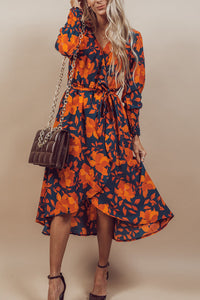 Orange Floral Print Wrap V Neck Belted Midi Dress