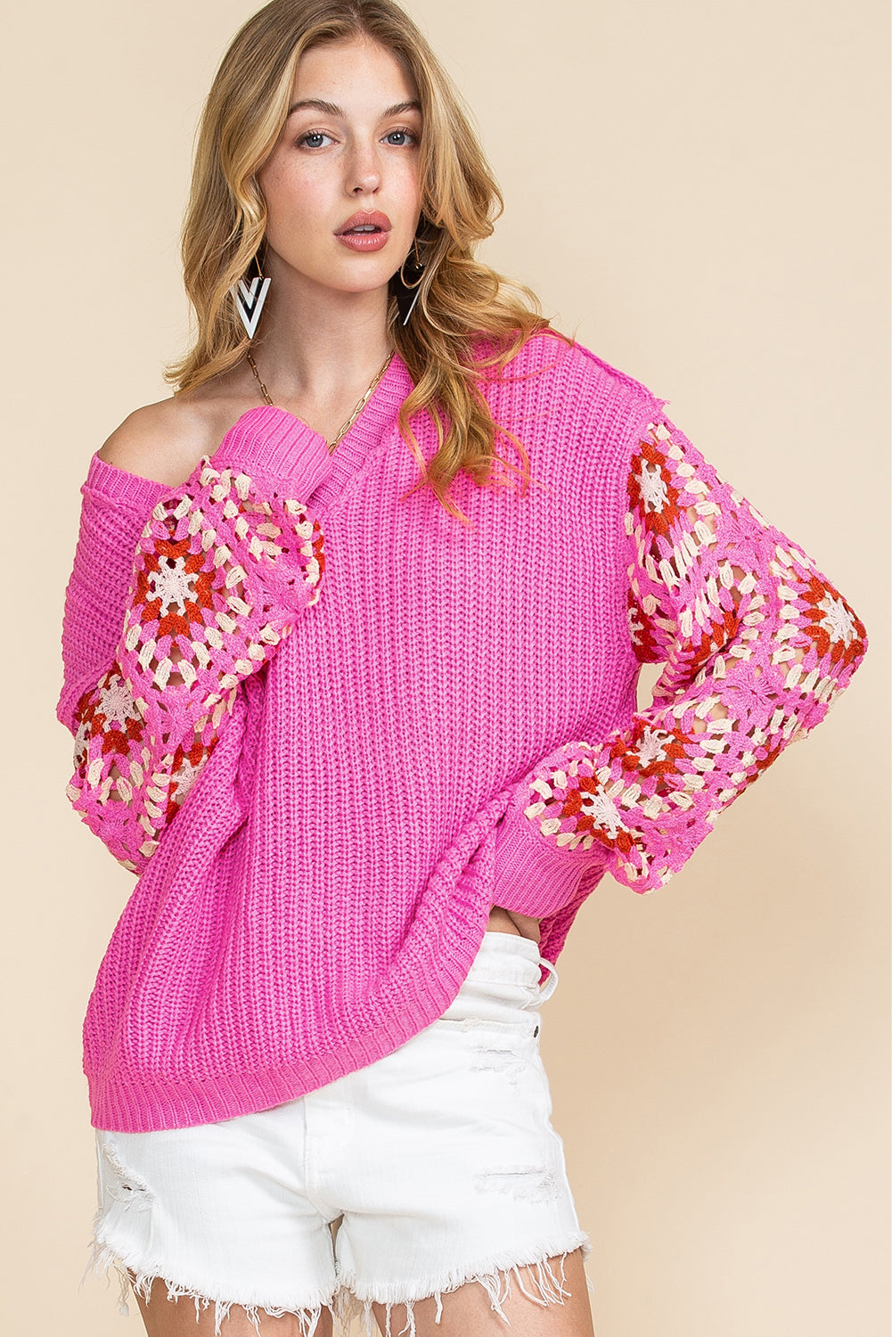 Rose Crochet Long Sleeve Knitted Pullover V Neck Sweater