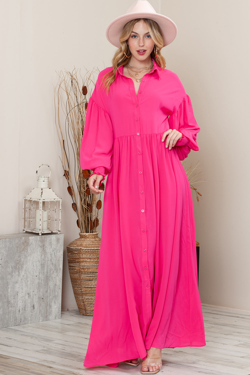 Rose Solid Color Bishop Sleeve Button Up Collared Shirt Dress