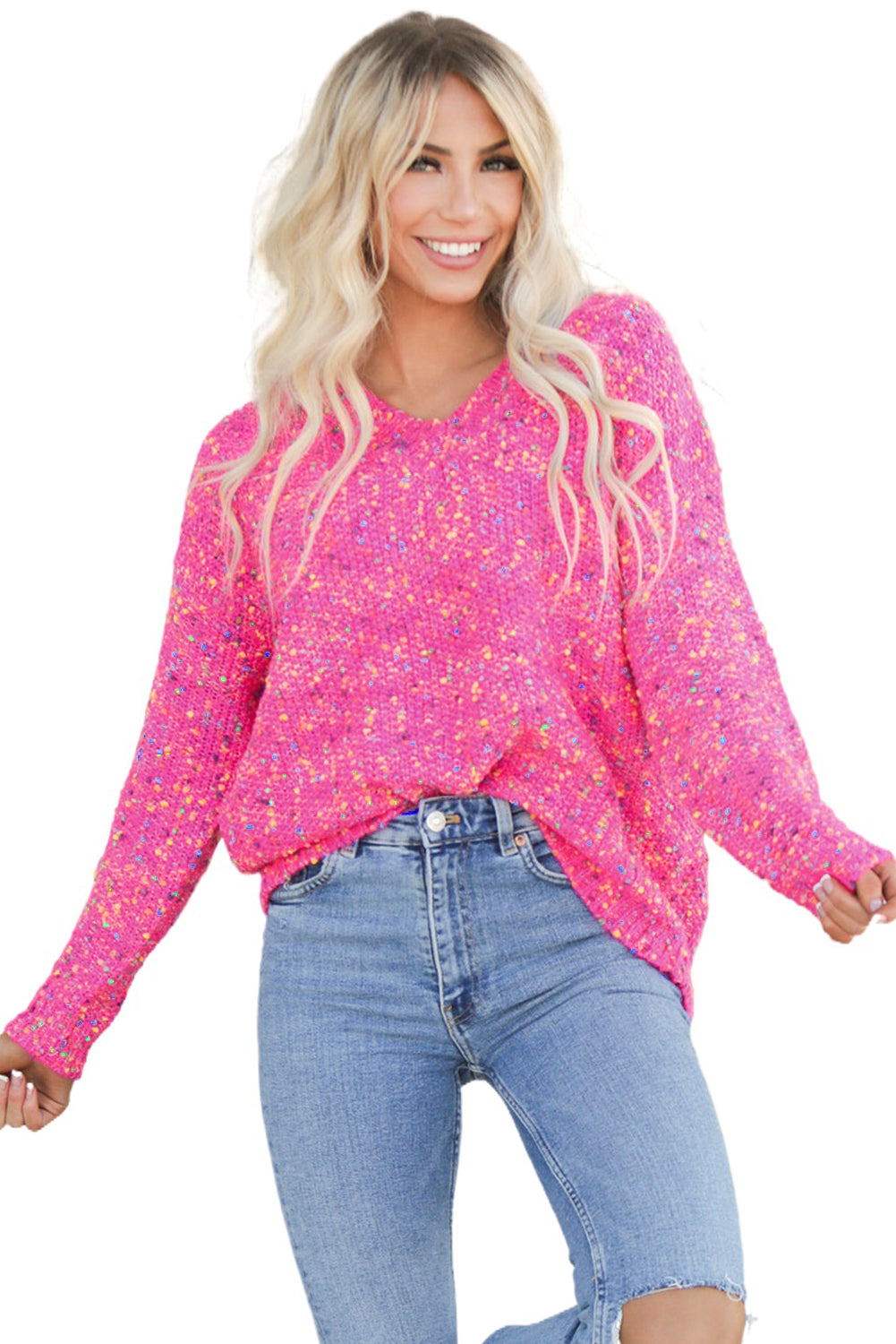 Hot Pink Mixed Color Chunky Knit Sweater