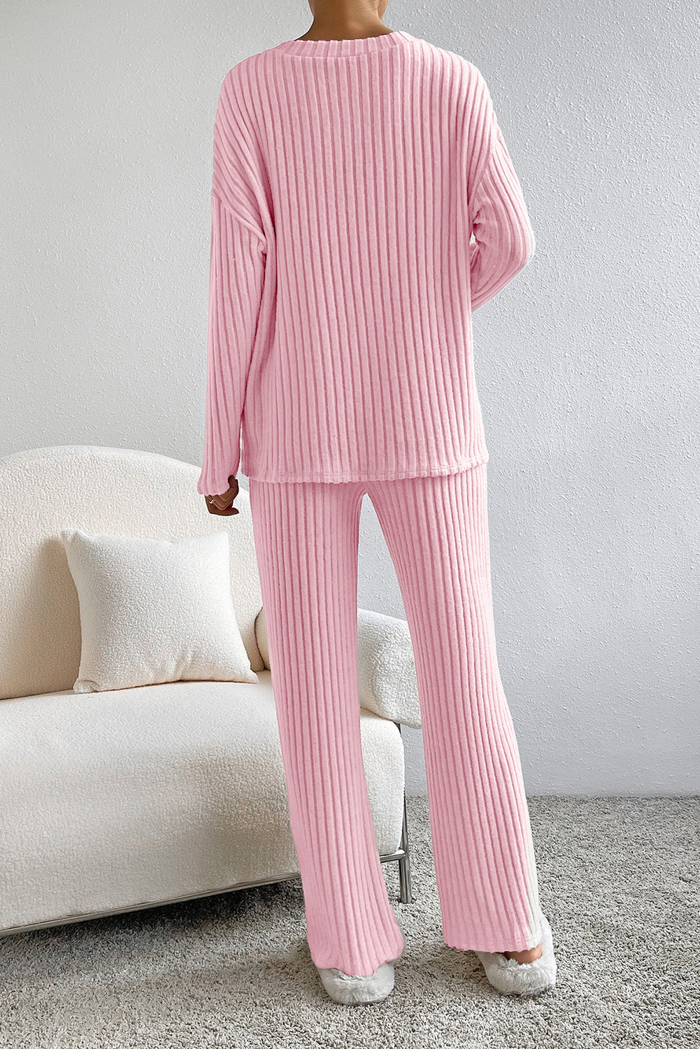 Light Pink Slouchy Ribbed Knit V Neck Top & Pants Loungewear Set