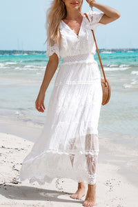 White Elegant Crochet Contrast Lace Maxi Dress