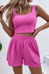 Rose Plain Sleeveless High Waisted Corduroy Two Piece Shorts Set