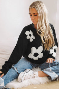 Black Flower Pattern Ribbed Trim Knit Round Neck Sweater