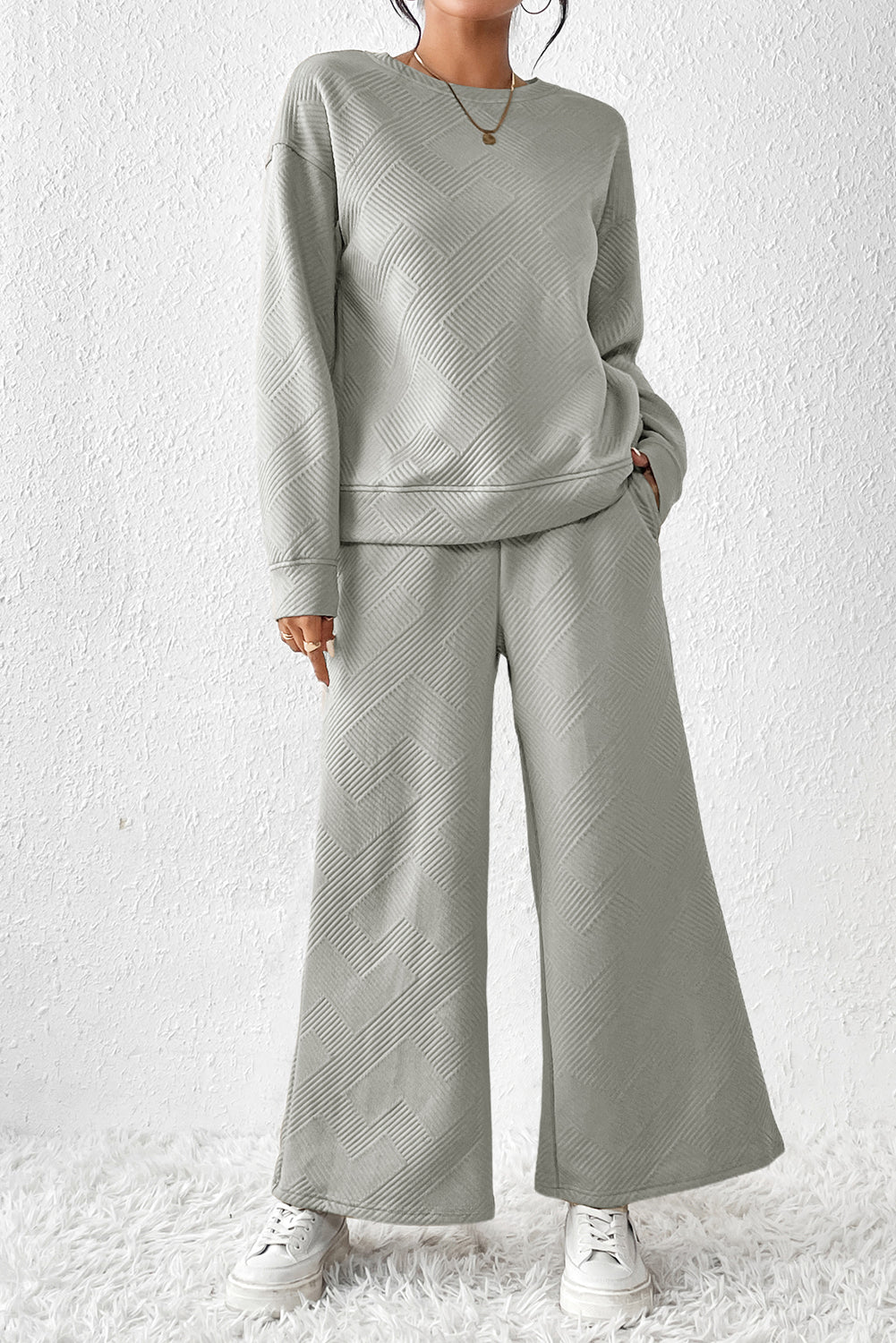 Apricot Textured Loose Slouchy Long Sleeve Top and Pants Set