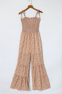 Khaki Floral Thin Straps Smocked Bodice Wide Leg Jumpsuit