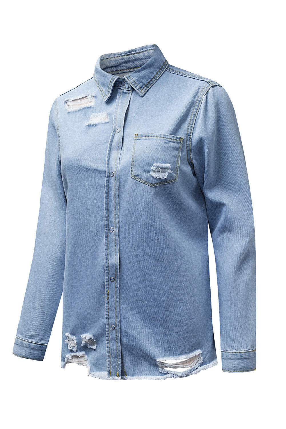 Light Blue Ripped Raw Hem Casual Button Up Denim Shacket