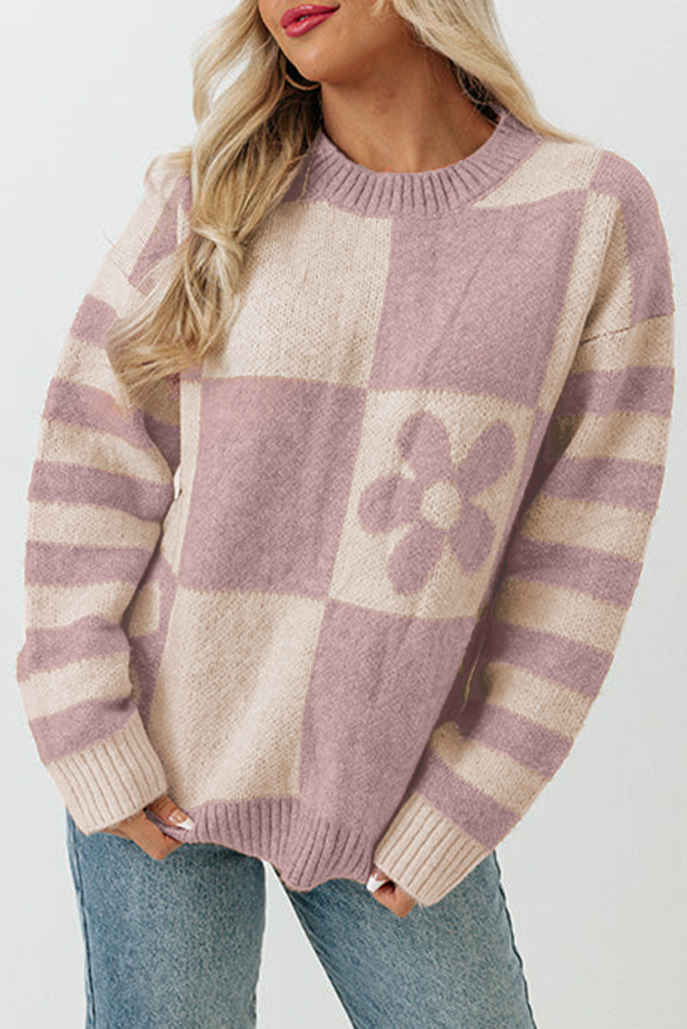 Pink Checkered and Striped Knitted Pullover Sweater