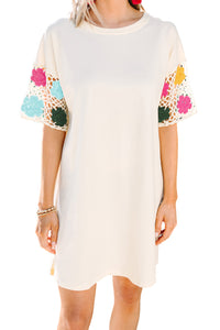 White Floral Crochet Splicing Sleeve T-shirt Dress