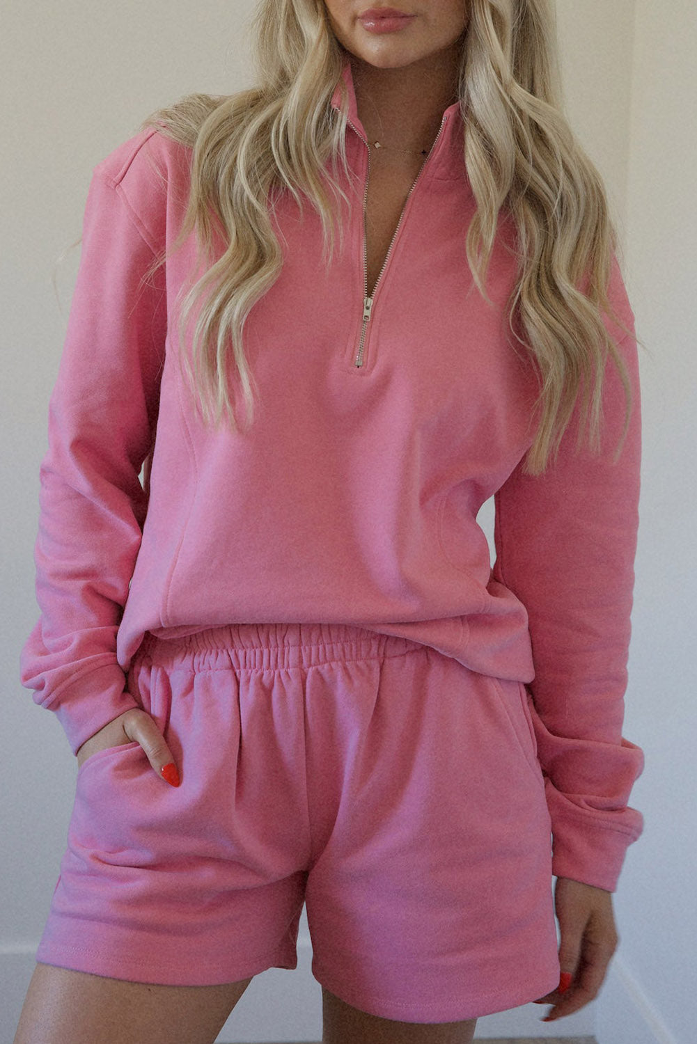 Pink Solid Color Zip Neck Sweatshirt and Shorts Set