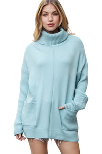 Blue Pockets Turtleneck Ribbed Oversized Sweater