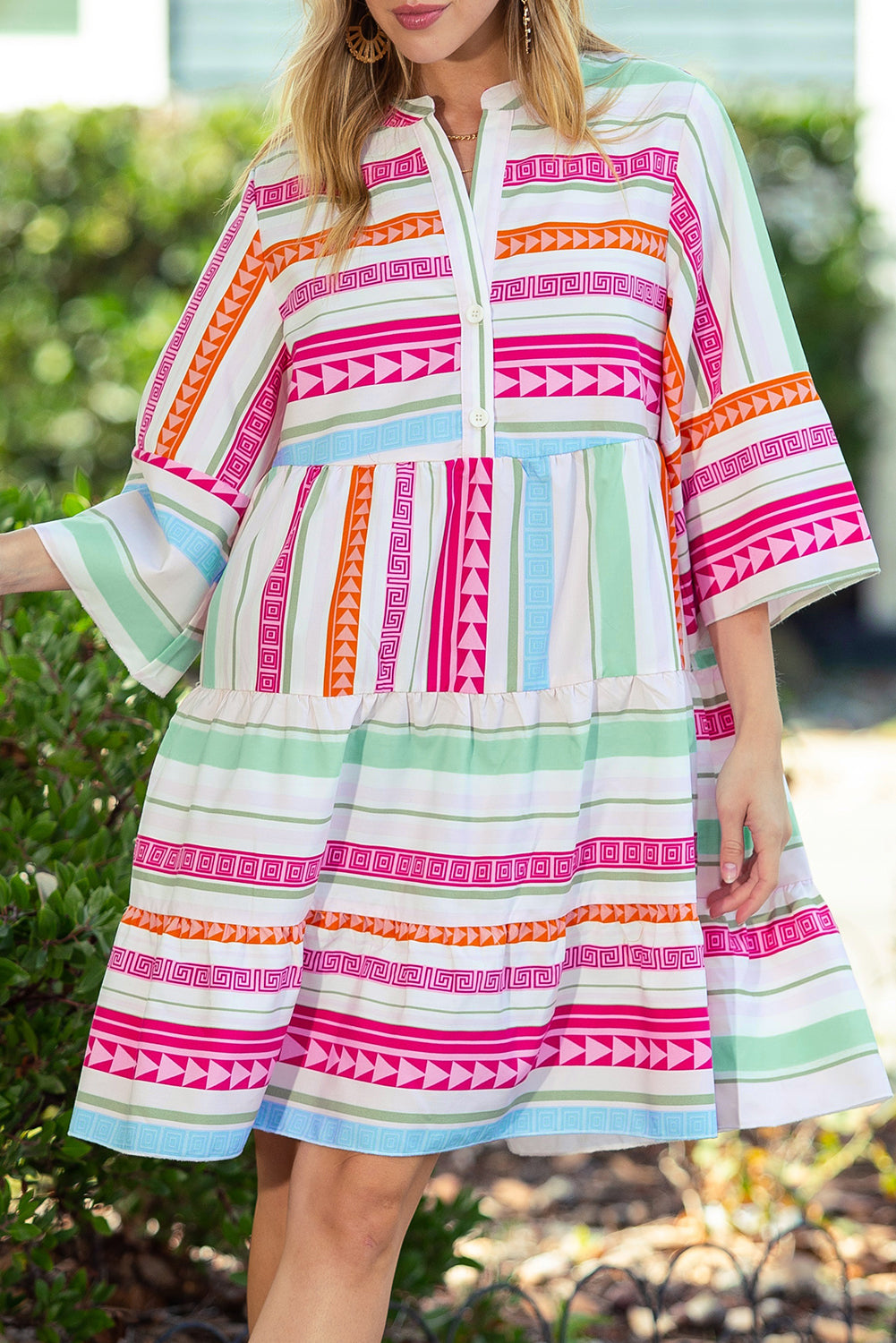 Multicolour Geometric Pattern Ruffle Tiered Mini Dress